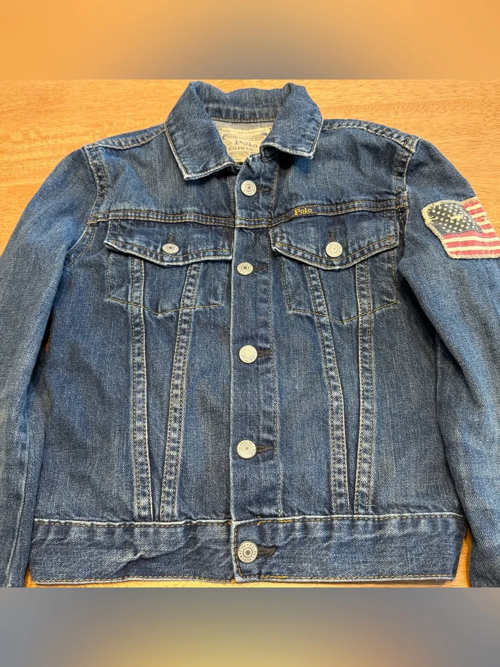 Polo Ralph Lauren Denim Trucker Jacket Kids Size 7 American Flag Patch Logo Snap